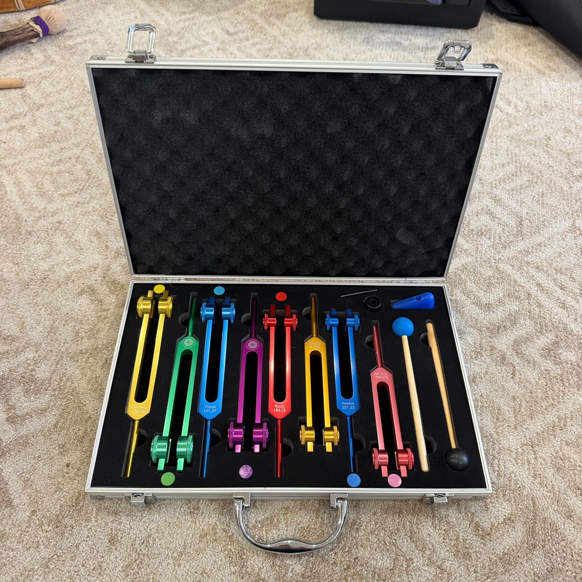 Set of Chakra Weighted Tuning Forks with Case and Strikers
