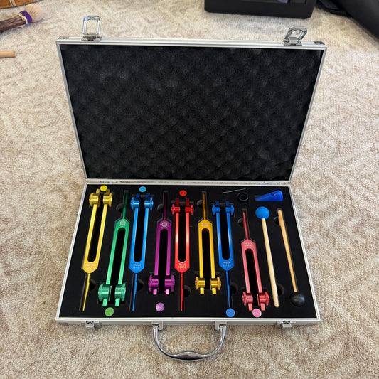 Set of Chakra Weighted Tuning Forks with Case and Strikers