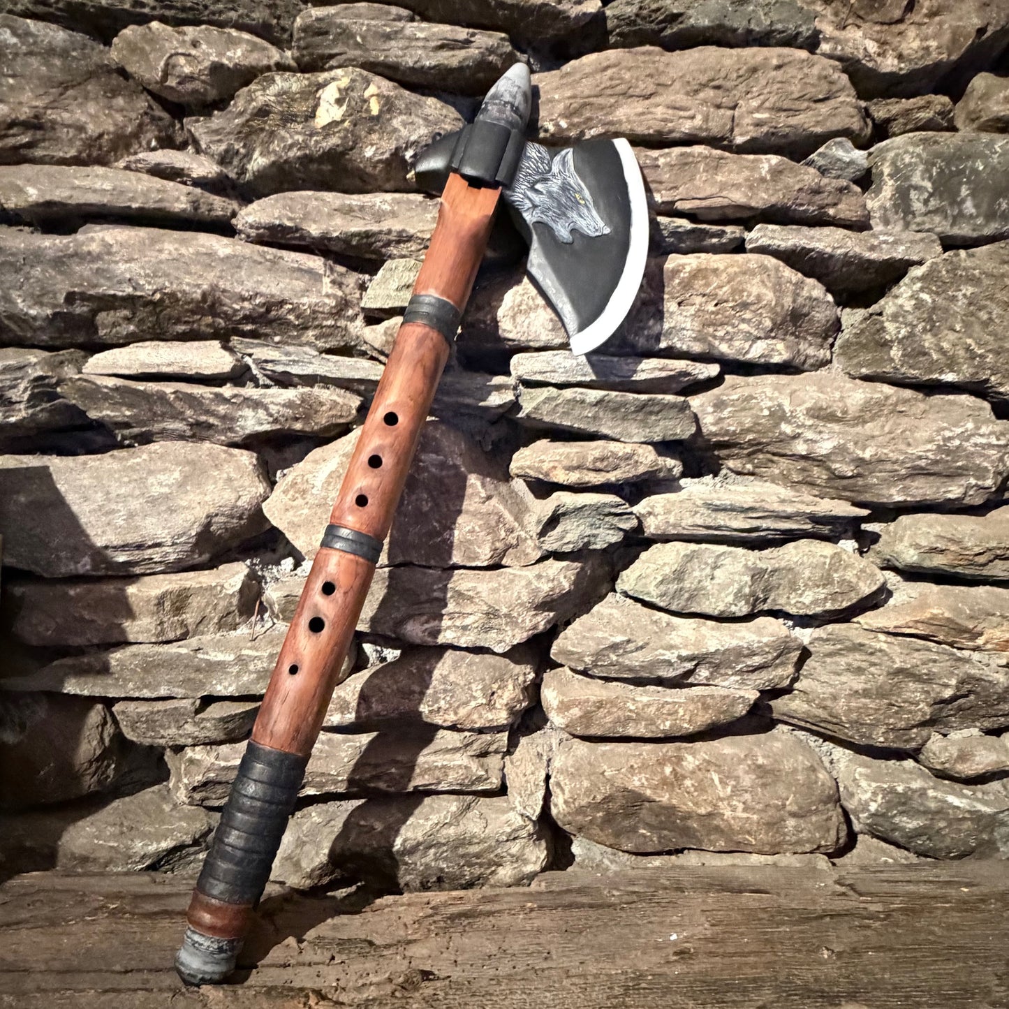 D-Ionian Modal Scale Carved Nordic Wolf Axe Flute 432Hz 20"