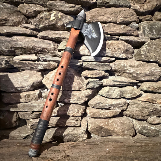 D-Ionian Modal Scale Carved Nordic Wolf Axe Flute 432Hz 20"