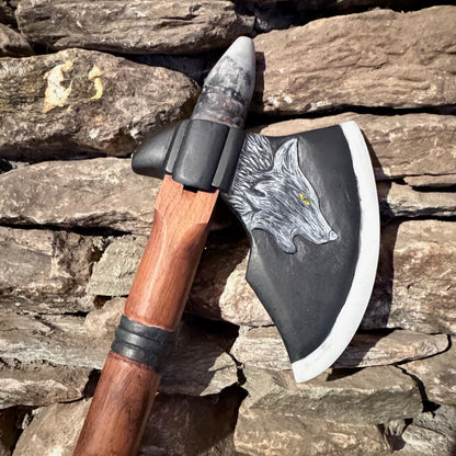 D-Ionian Modal Scale Carved Nordic Wolf Axe Flute 432Hz 20"