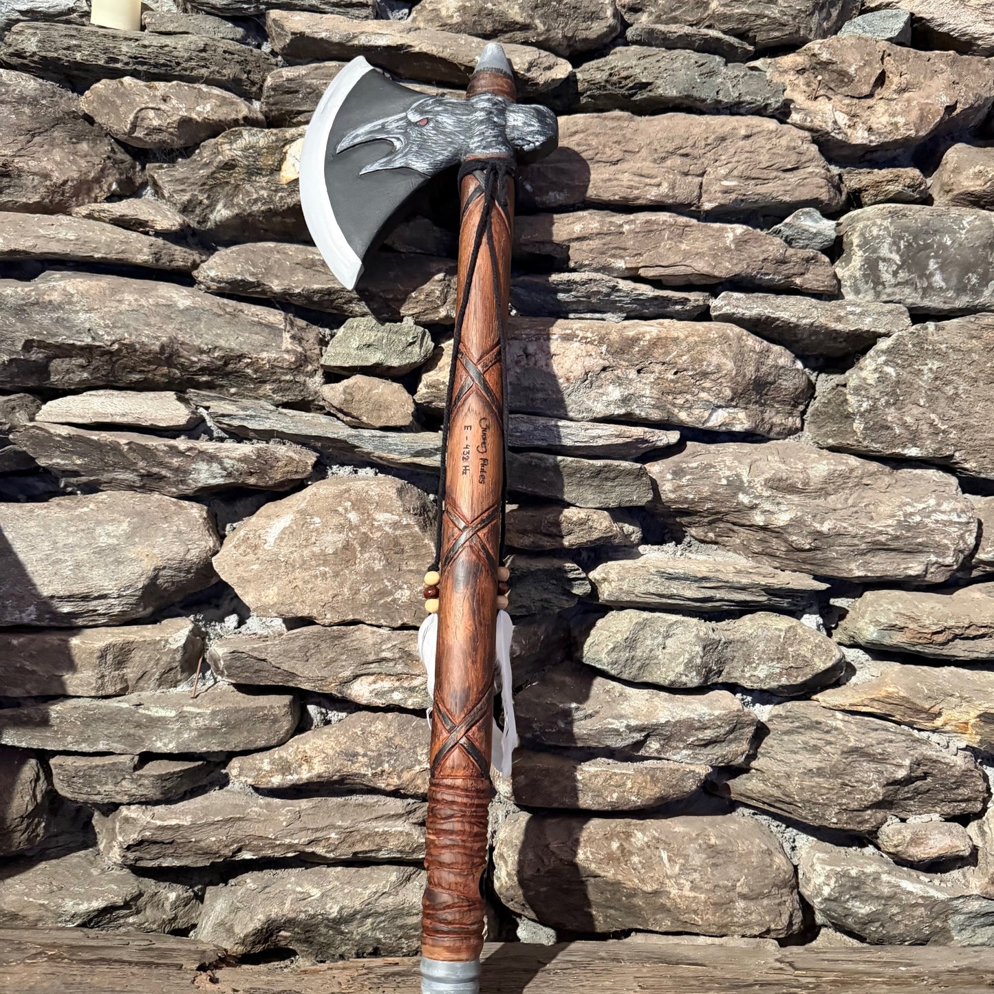 E-Minor Pentatonic Scale Carved Raven Axe Flute 432Hz 20"