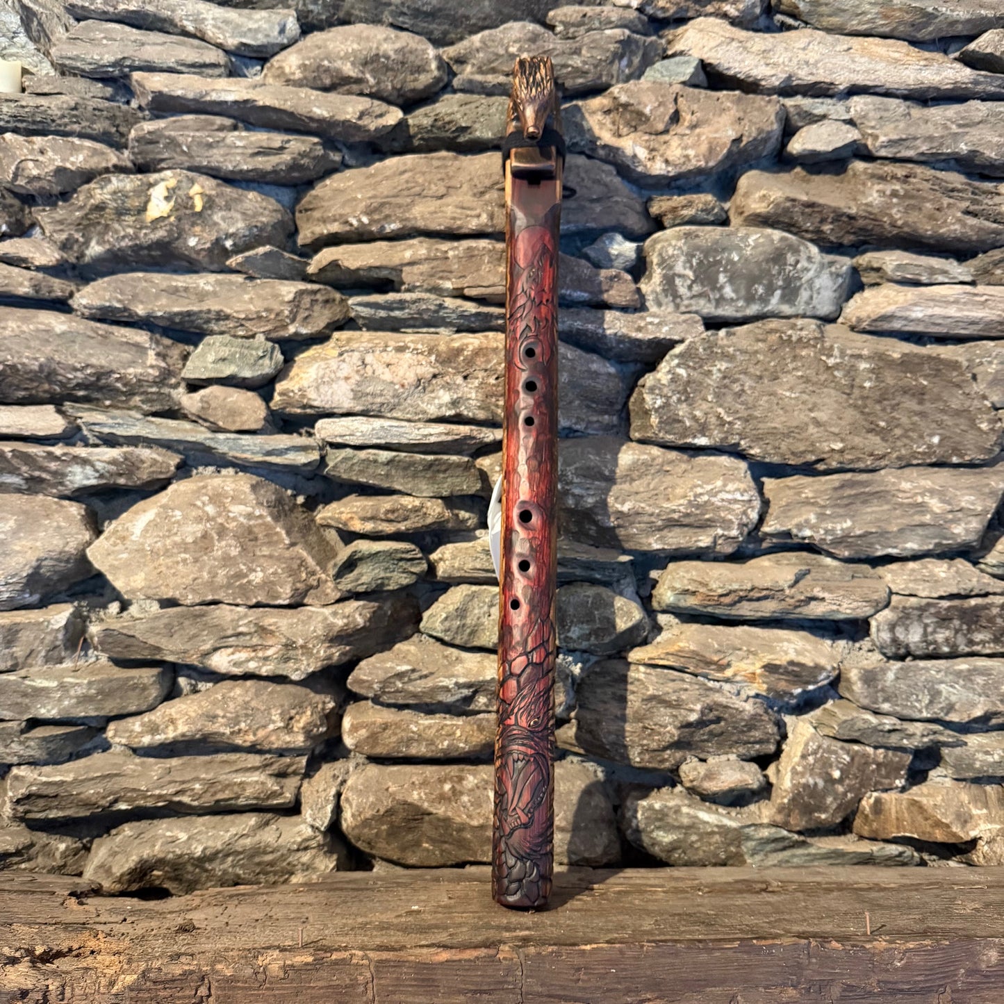 Wolf Carved Borneo Redwood Flute B Minor Pent 432Hz 28"