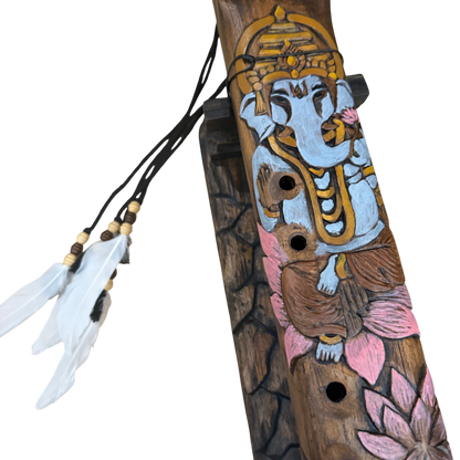 Ganesha Carved Drone Flute Bb-D 528Hz Raga Bilahari Scale